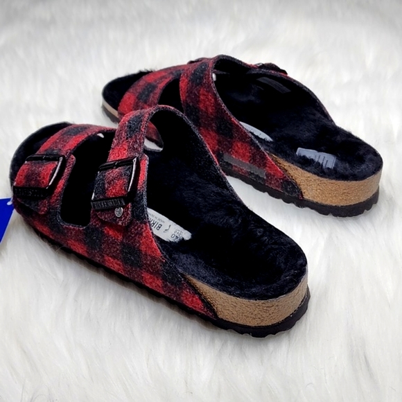 Birkenstock Arizona Wool Shearling Sandal Plaid Red - Picture 14 of 17